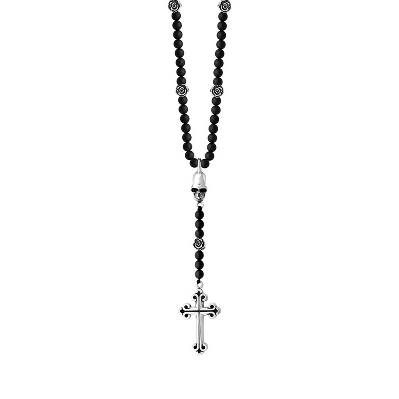 Rosary with Onyx Beads, Skull and Traditional Cross - Danielle B.