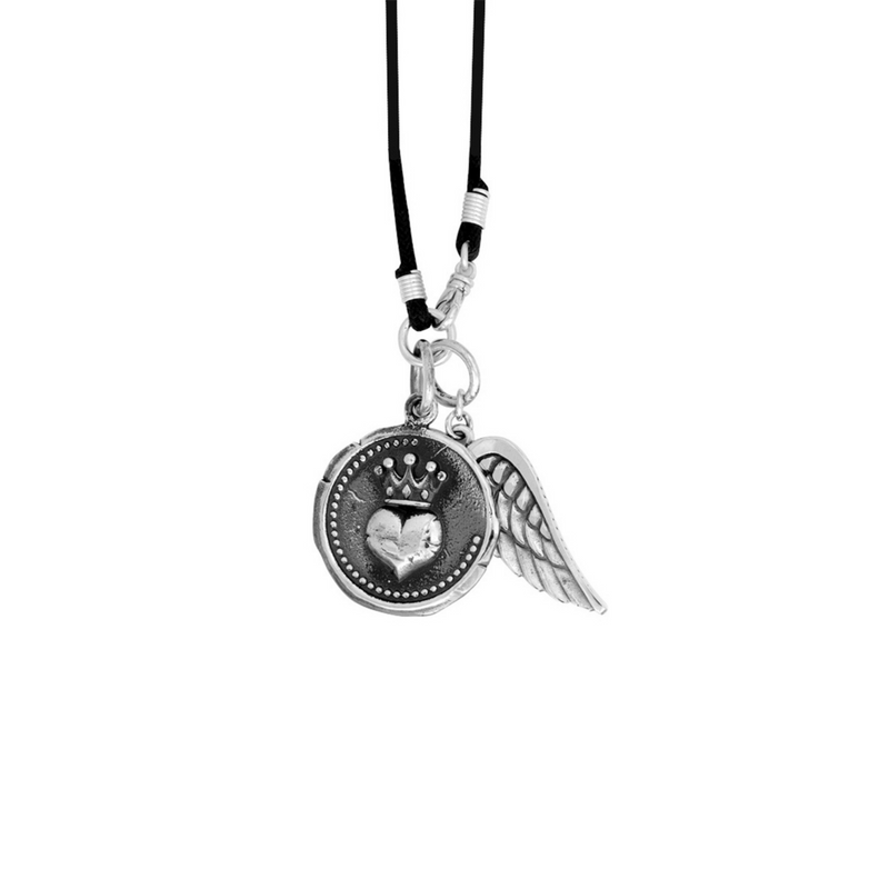 Large Heart Coin Pendant with Wing on Braided Cord