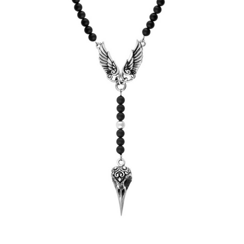 Rosary with Onyx Beads, Raven Skull and Wings - Danielle B.