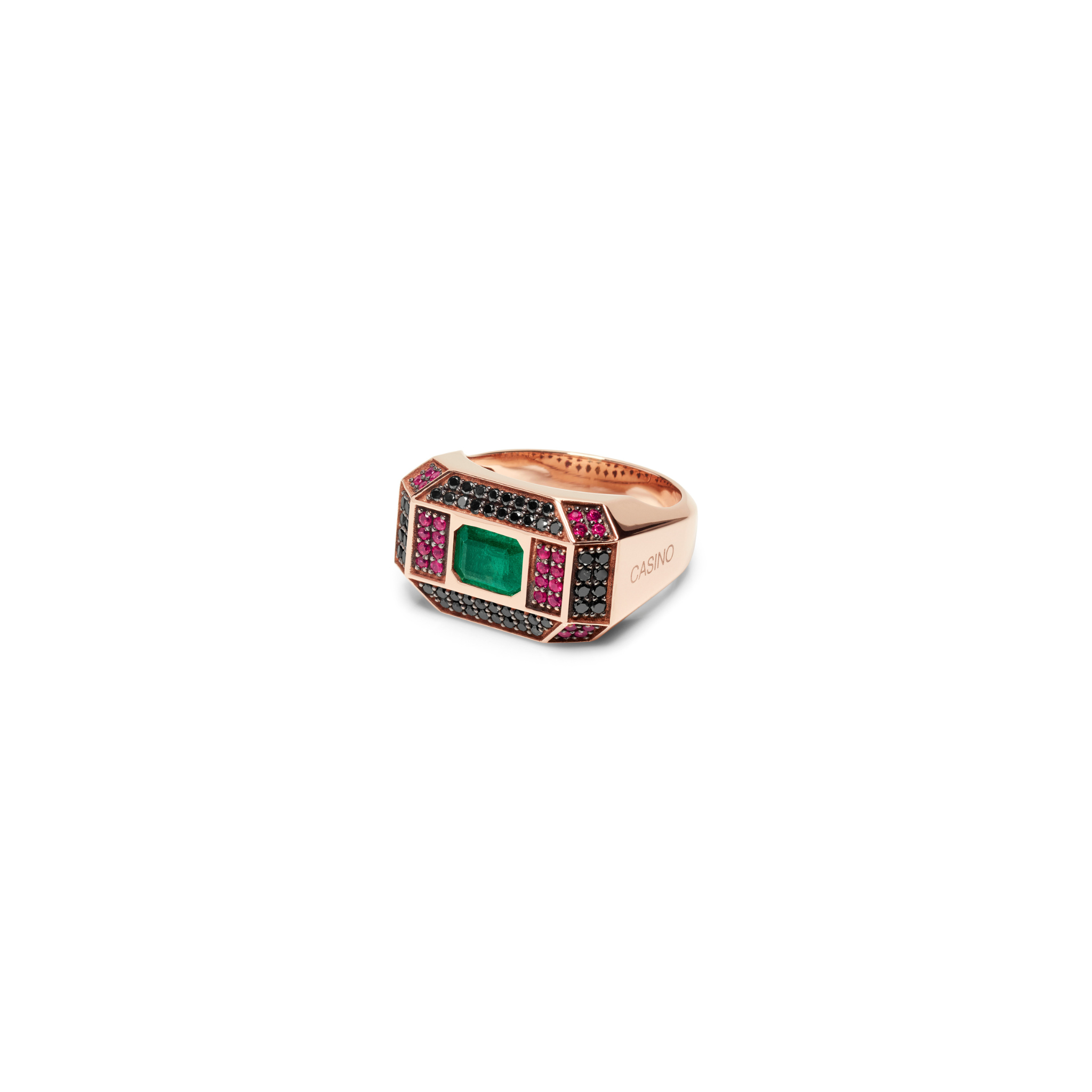 Rose Gold Ring with Black Diamonds, Rubies and Emeralds