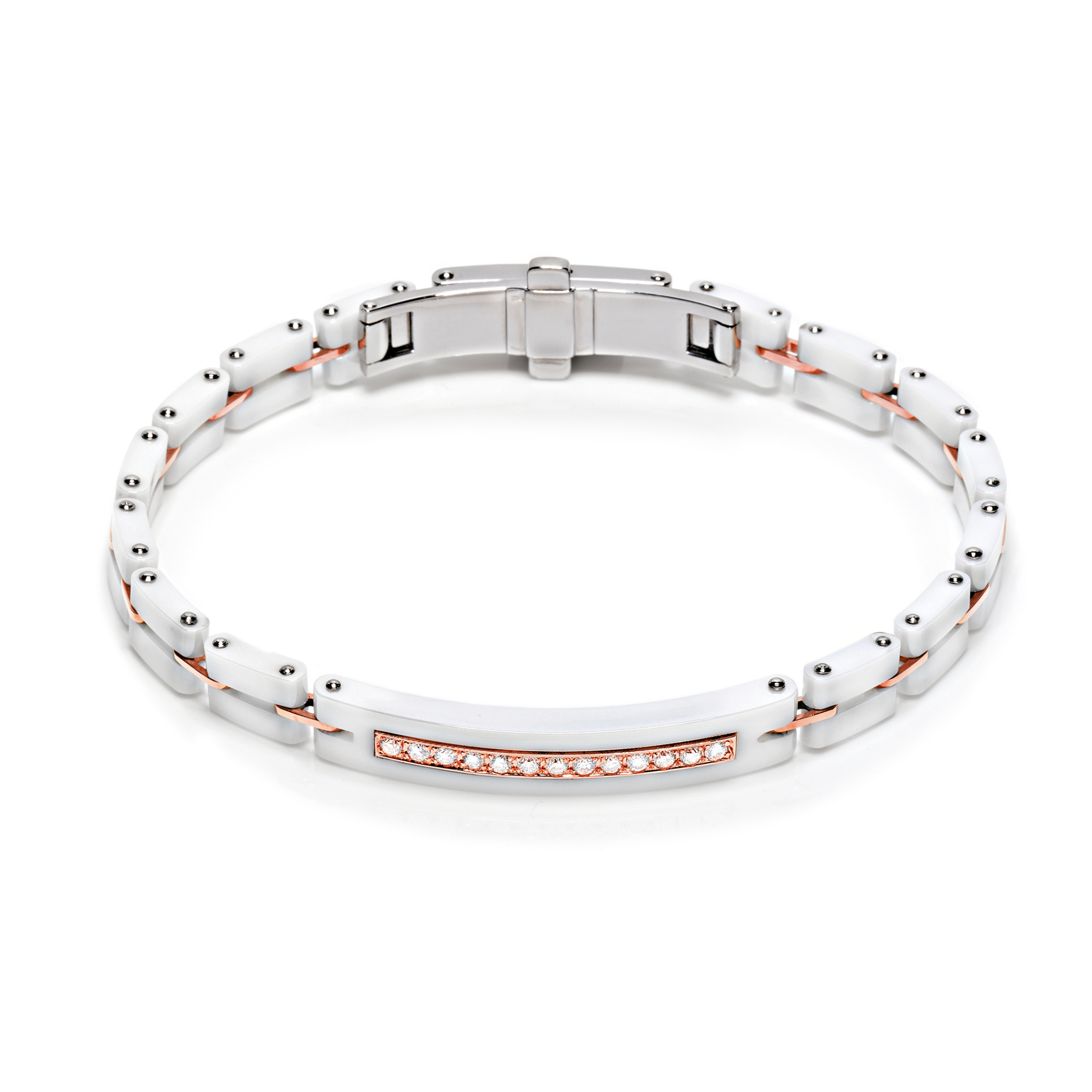 Rose Gold, Ceramic and Stainless Steel Bracelet with Diamonds