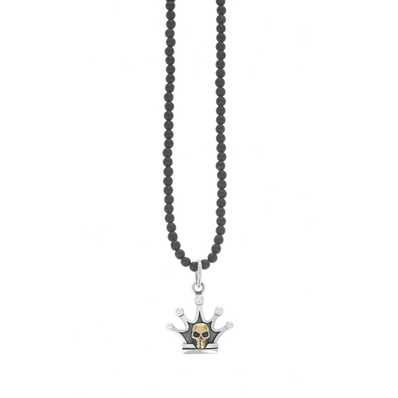 Crown Pendant with Gold Alloy Skull on 3mm Onyx Beaded Necklace
