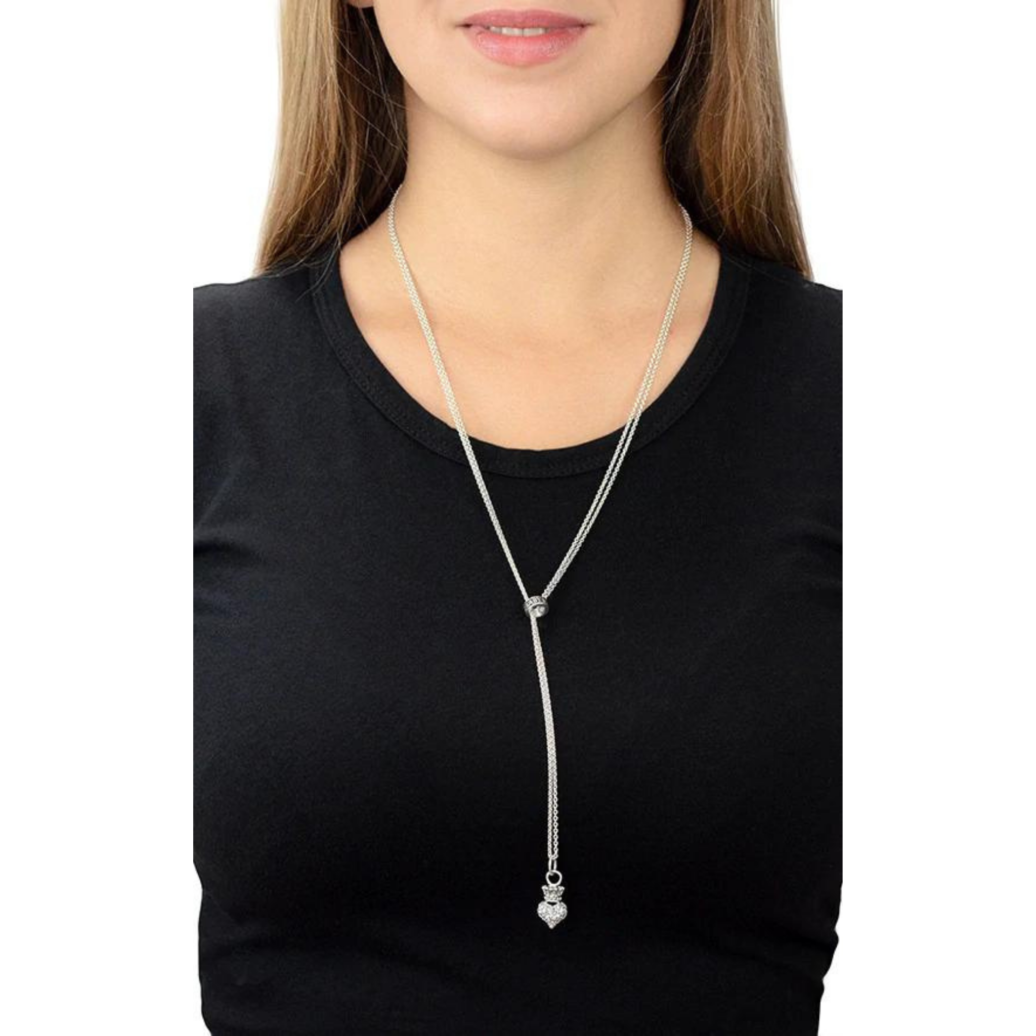 Bolero Necklace with Micro Rolo Chain and CZ Pave Crowned Heart