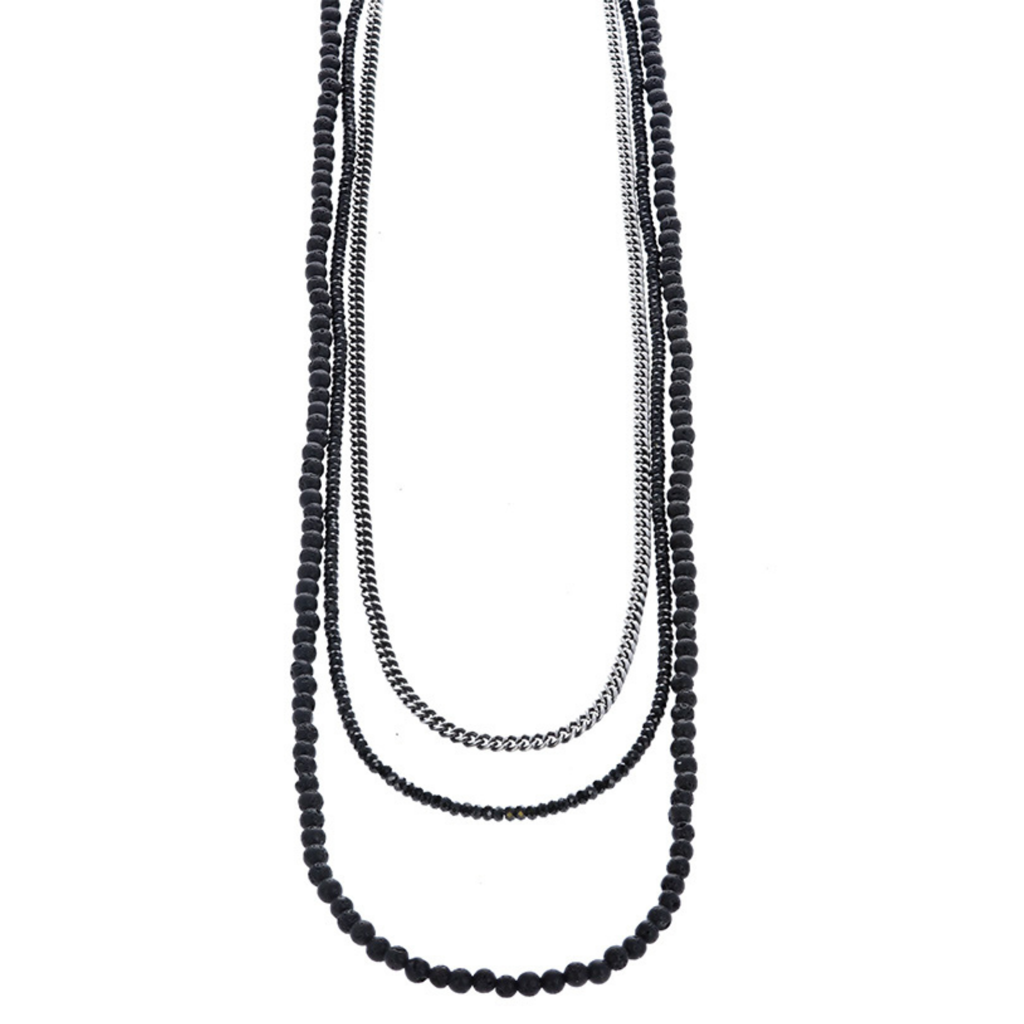 Triple Strand Necklace with Lava Rock, Spinel and Curb Link Chain