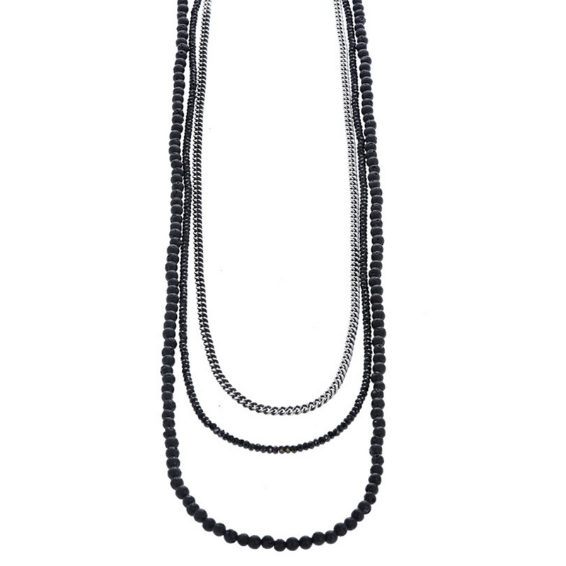 Triple Strand Necklace with Lava Rock, Spinel and Curb Link Chain