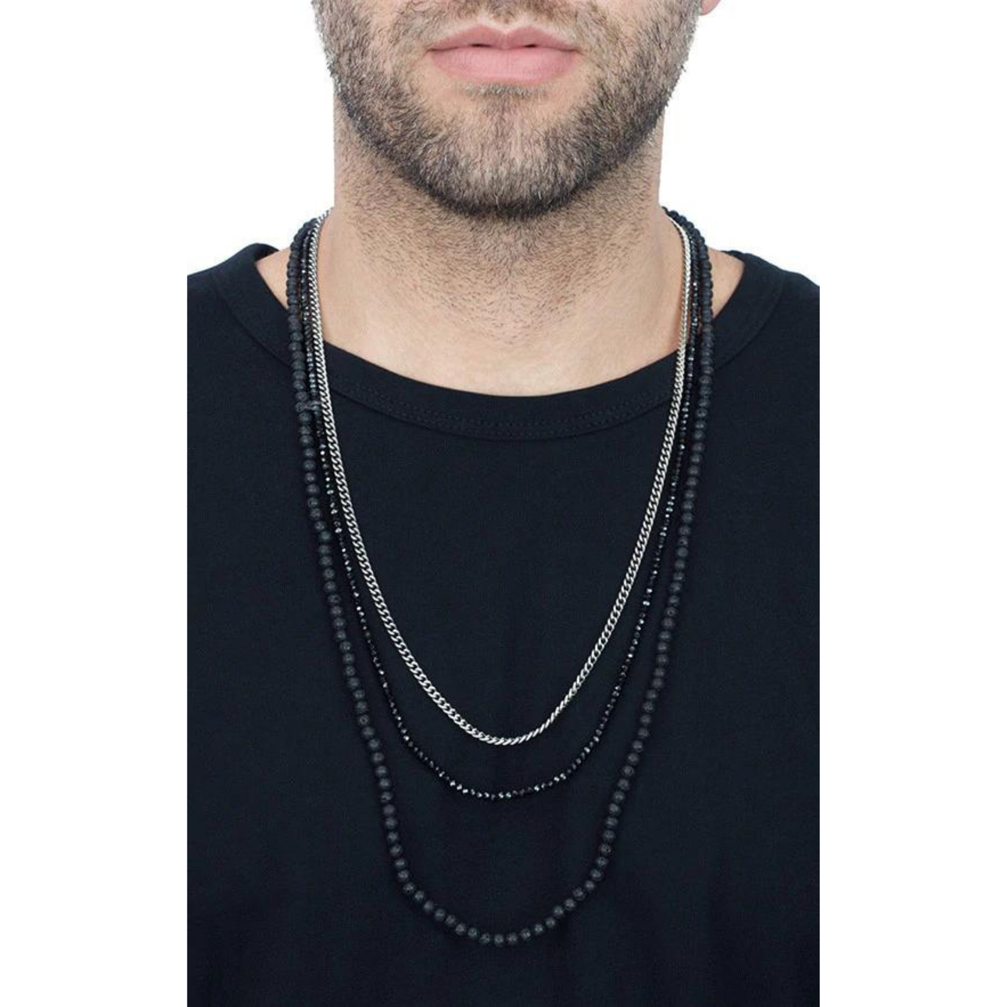 Triple Strand Necklace with Lava Rock, Spinel and Curb Link Chain