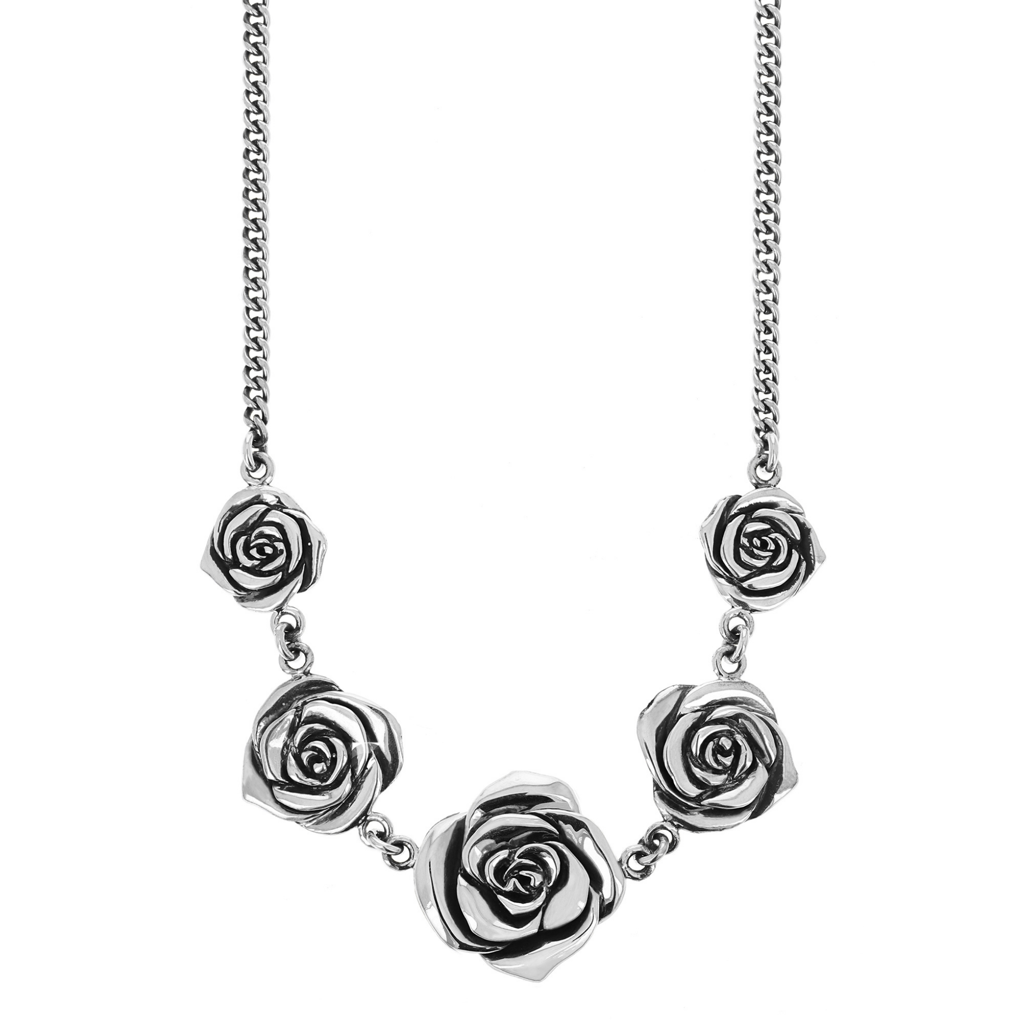 Curblink Chain Necklace with Five Silver Roses