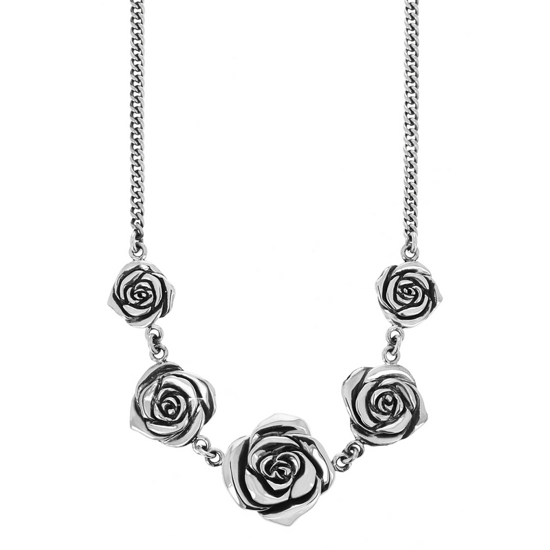 Curblink Chain Necklace with Five Silver Roses
