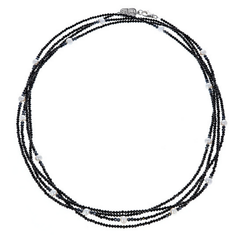 Long Black Spinel Necklace with White Pearls