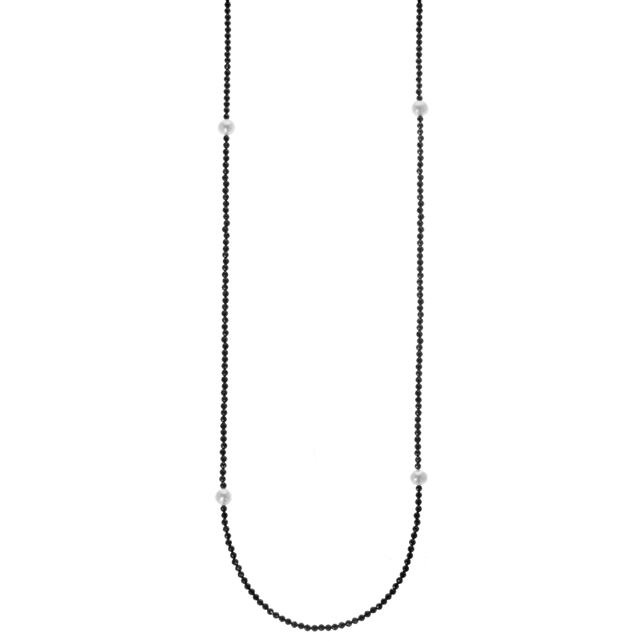 Long Black Spinel Necklace with White Pearls