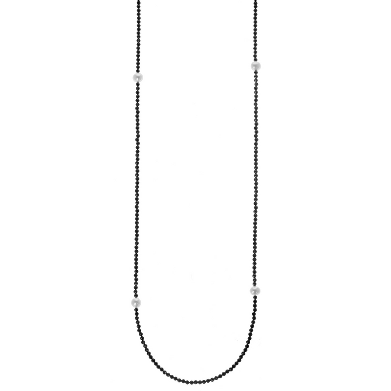 Long Black Spinel Necklace with White Pearls