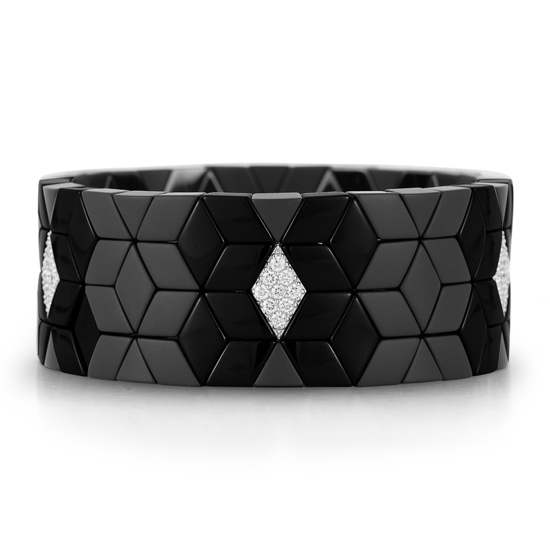 Cube Wide Black Ceramic Bracelet With 5 Sections Of 18Kt White Gold And Diamonds - Danielle B.