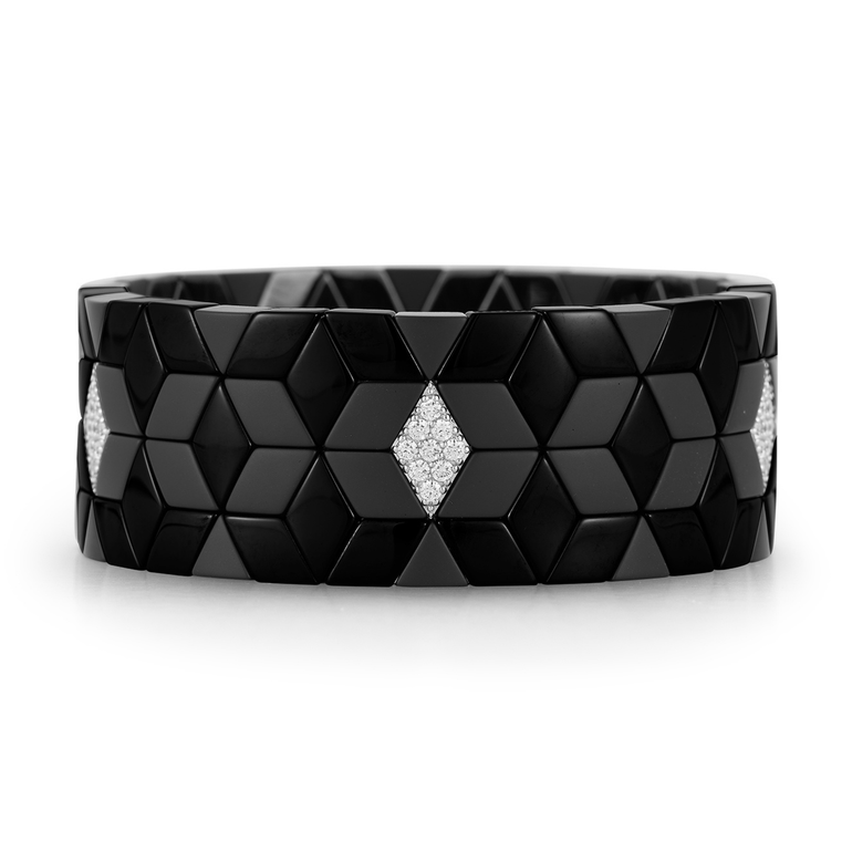 Cube Wide Black Ceramic Bracelet With 5 Sections Of 18Kt White Gold And Diamonds