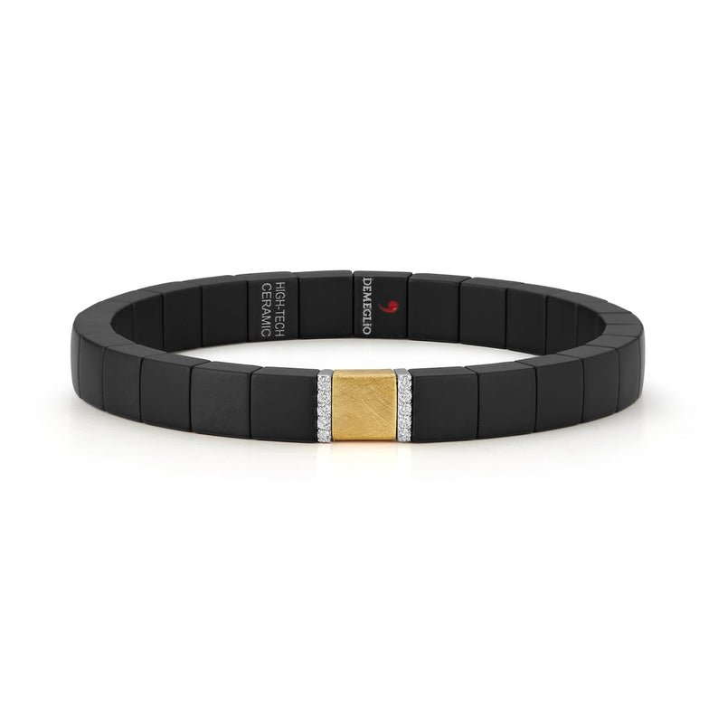 Scacco Matte Black Ceramic Bracelet With 18Kt Brushed Yellow Gold And Two 18Kt White Gold And Diamond Bars - Danielle B.