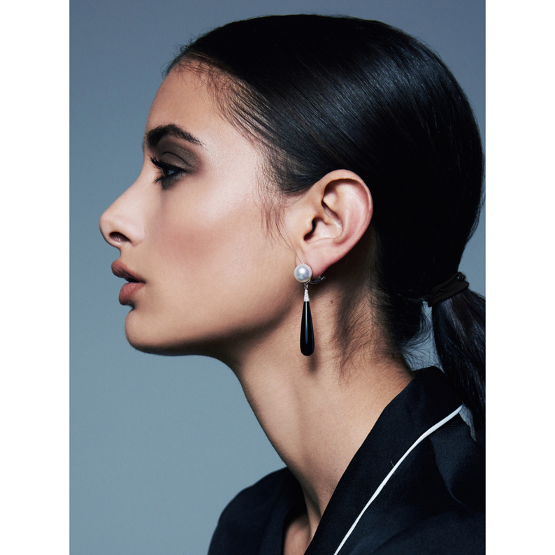 South Sea Pearl, Onyx and Gold Earrings With Diamonds