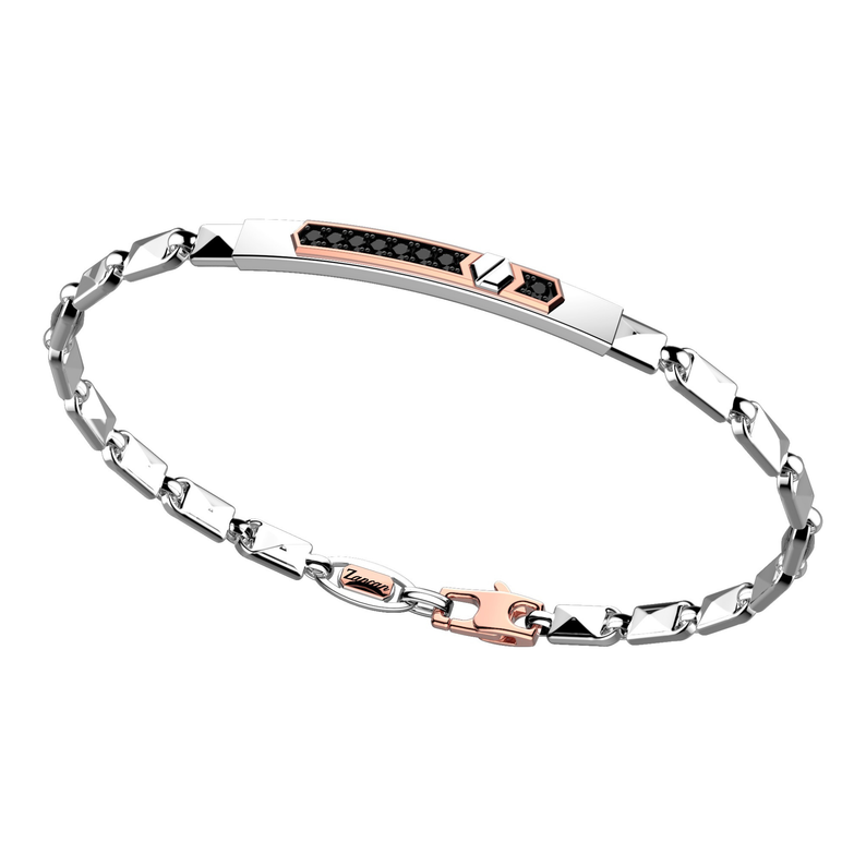 18kt White Gold Pyramid Link ID Bracelet with Black Diamonds