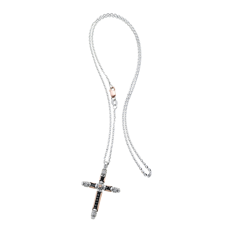 18kt White and Rose Gold Tube Cross Necklace with Rose Cut Black Diamonds and Diamonds