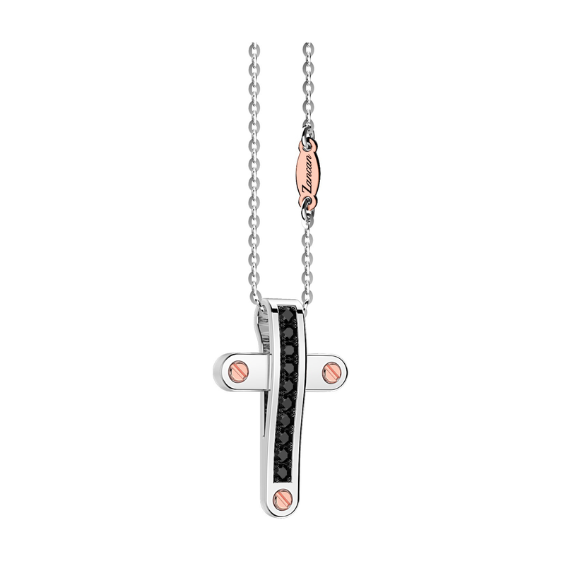 18kt White Gold Curved Cross Necklace with 18kt Rose Gold Screws and Black Diamonds