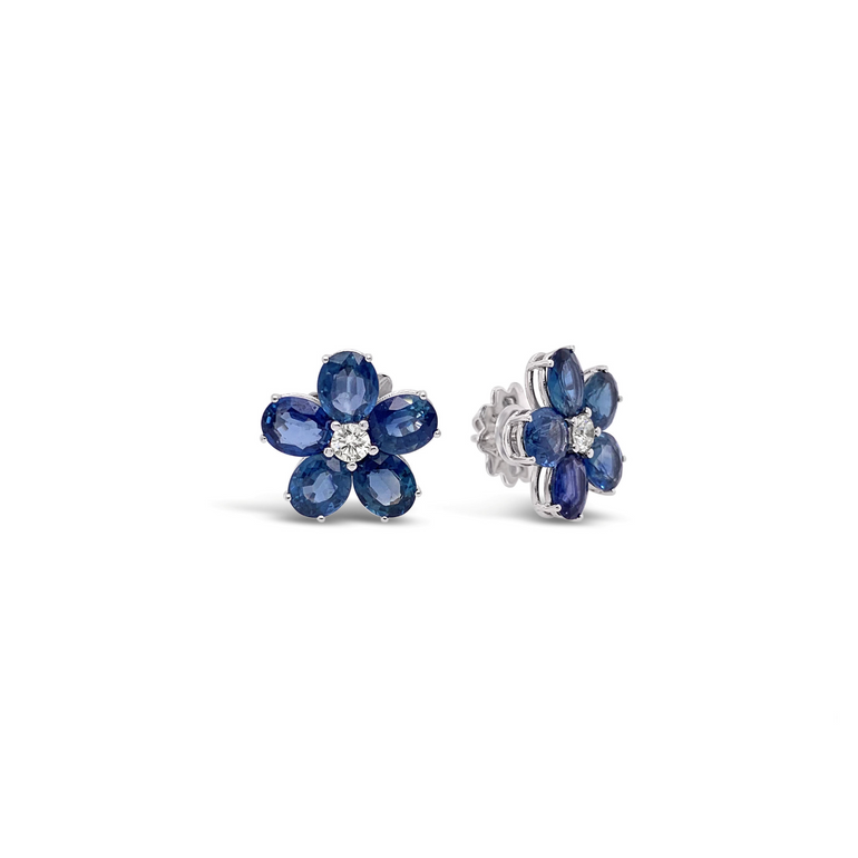 18kt Gold and Blue Sapphire Flower Earrings with Diamonds