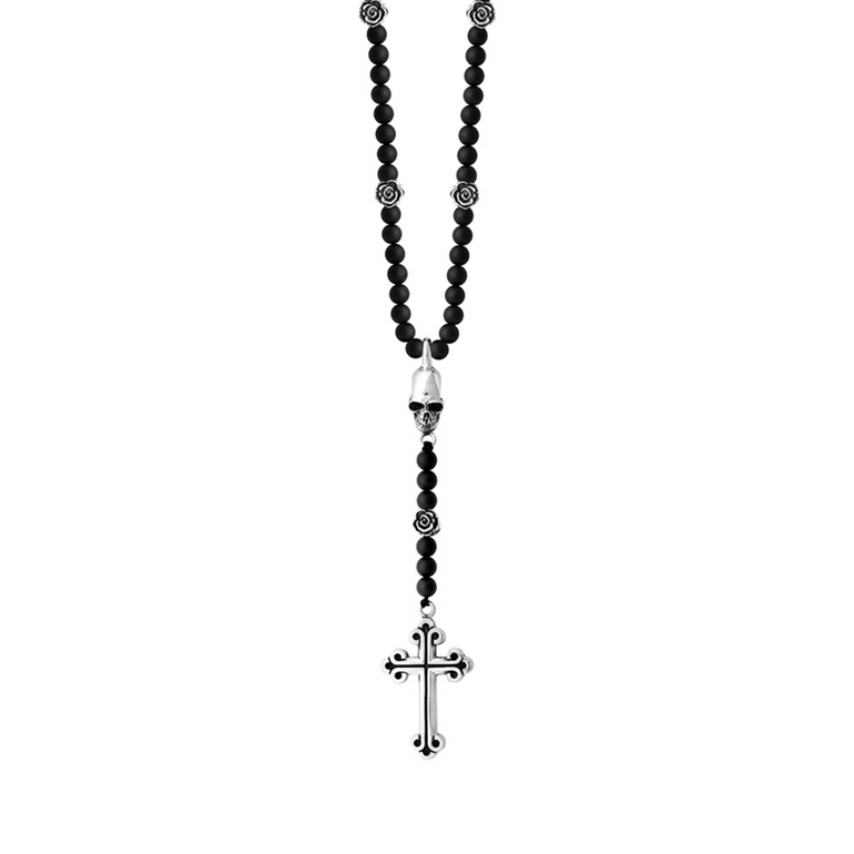 Rosary with Onyx Beads, Skull and Traditional Cross - Danielle B.
