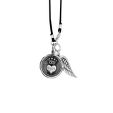Large Heart Coin Pendant with Wing on Braided Cord