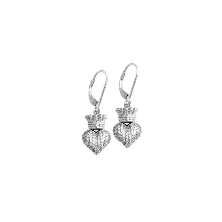 Small 3D Crowned Heart with Pave CZ Leverback Earrings - Danielle B.