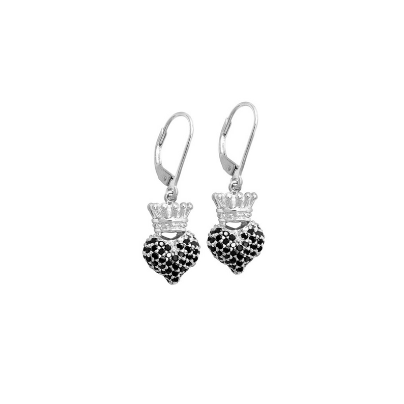 Small 3D Crowned Heart with Pave Black CZ Leverback Earrings - Danielle B.
