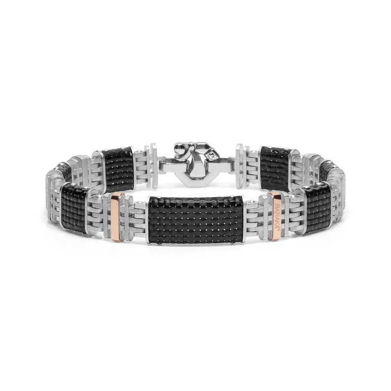 Rose Gold, Silver, Carbon Fiber and Stainless Steel Bracelet with Diamonds
