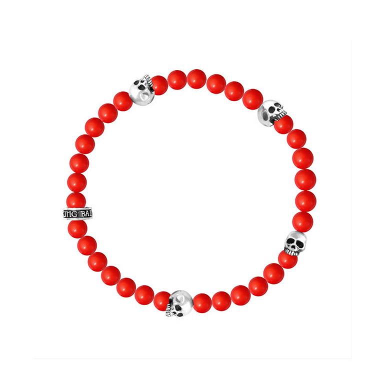 6mm Red Coral Bead Bracelet with 4 Skulls