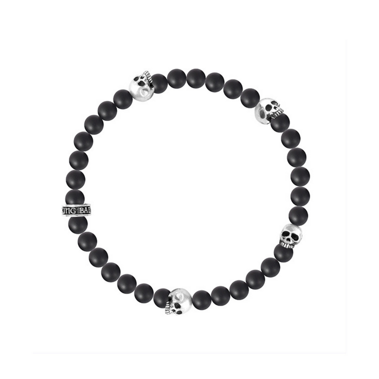 6mm Onyx Bead Bracelet with 4 Skulls