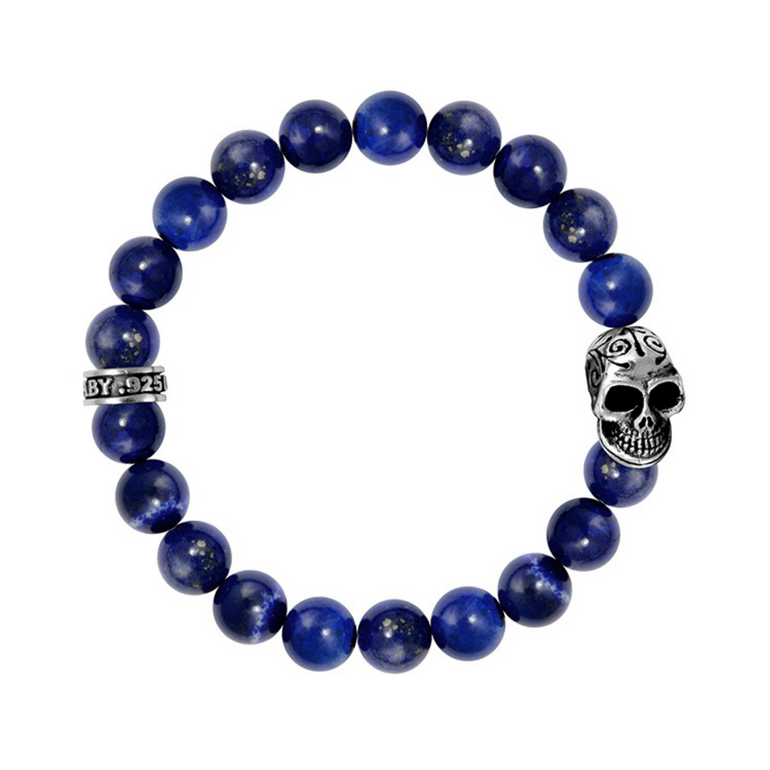 10mm Lapis Bead Bracelet with Day of the Dead Skull