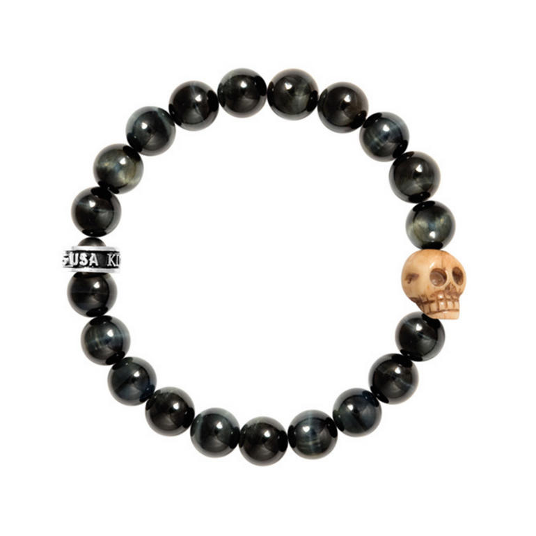 10mm Blue Tiger Eye Bracelet with Bone Skull - Danielle B.