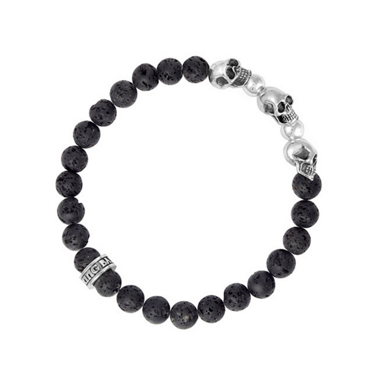 8mm Lava Rock Bead Bracelet with 3 Skulls and 2 Silver Beads - Danielle B.