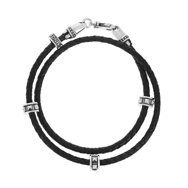 Double Wrap Leather Bracelet with Micro Stackable Pyramid Rings - Danielle B.