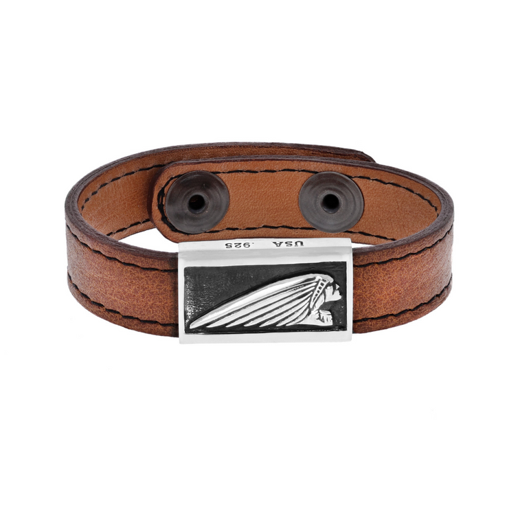 Leather Bracelet with Silver Indian Motorcycle Headdress Logo - Danielle B.