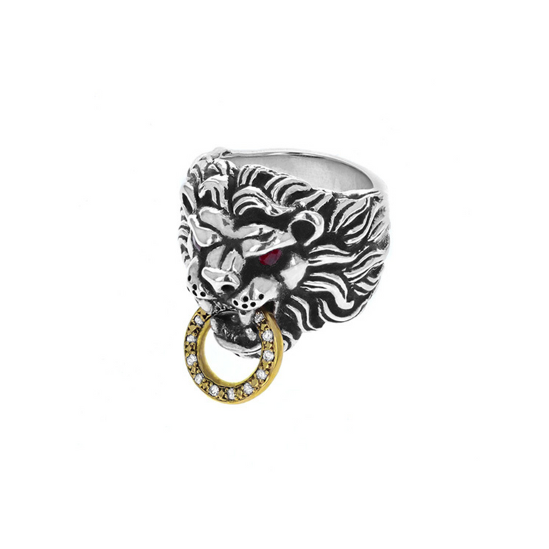 Lion's Head Ring with 18kt Gold Toggle, Diamonds and Ruby Eyes - Danielle B.