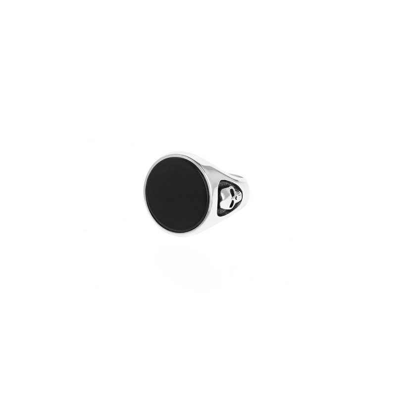 Round Onyx Signet Ring with Skull Detail