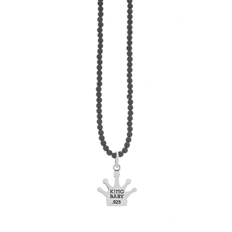 Crown Pendant with Gold Alloy Skull on 3mm Onyx Beaded Necklace