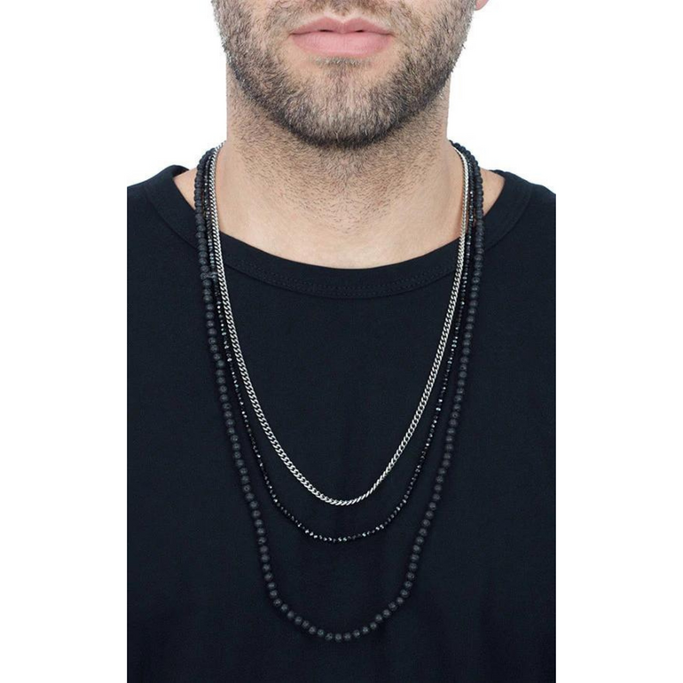 Triple Strand Necklace with Lava Rock, Spinel and Curb Link Chain