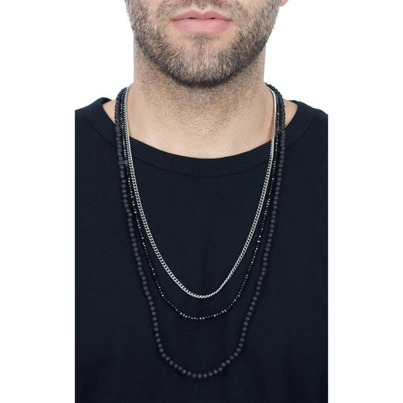 Triple Strand Necklace with Lava Rock, Spinel and Curb Link Chain