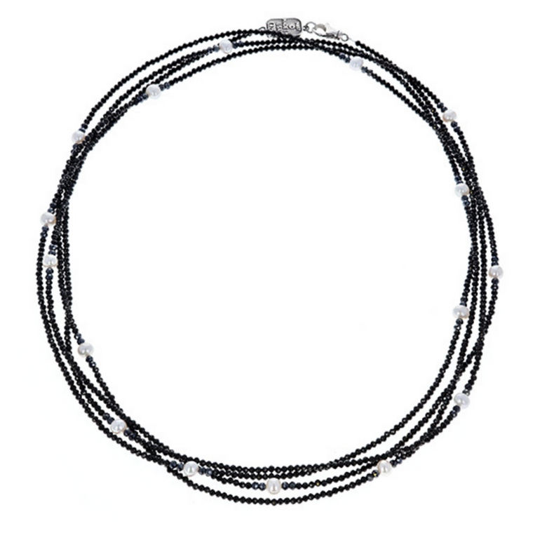 Long Black Spinel Necklace with White Pearls
