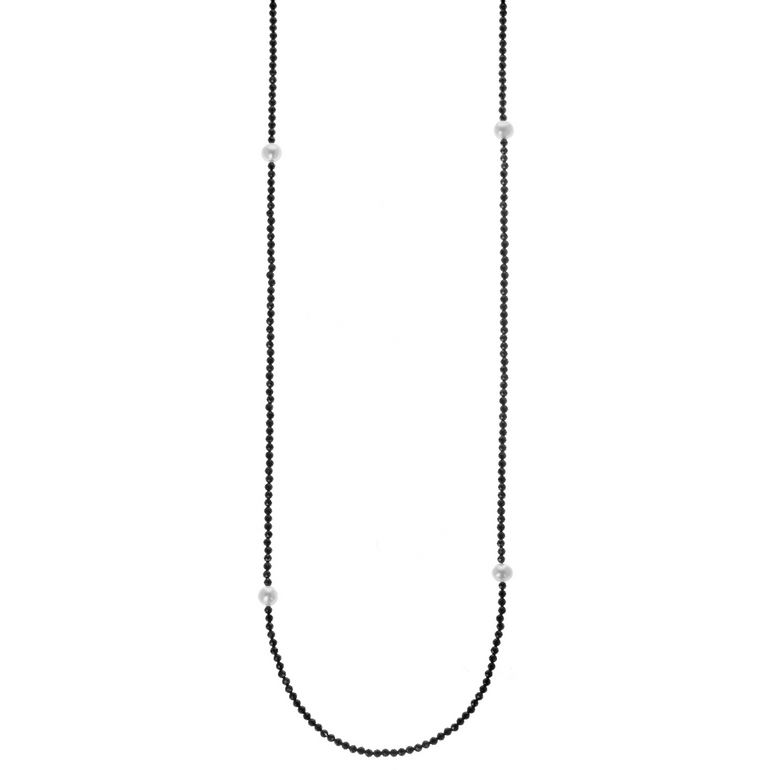 Long Black Spinel Necklace with White Pearls