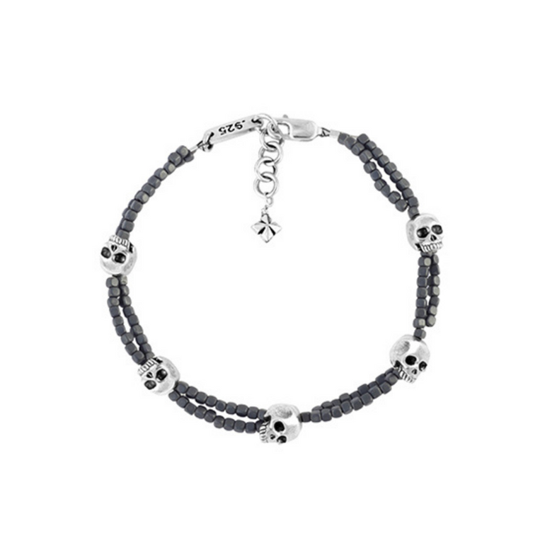 Grey Square Hematite Double Strand Bracelet with Skulls