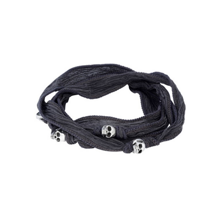 Multi-Wrap Black Silk Bracelet with Skulls - Danielle B.