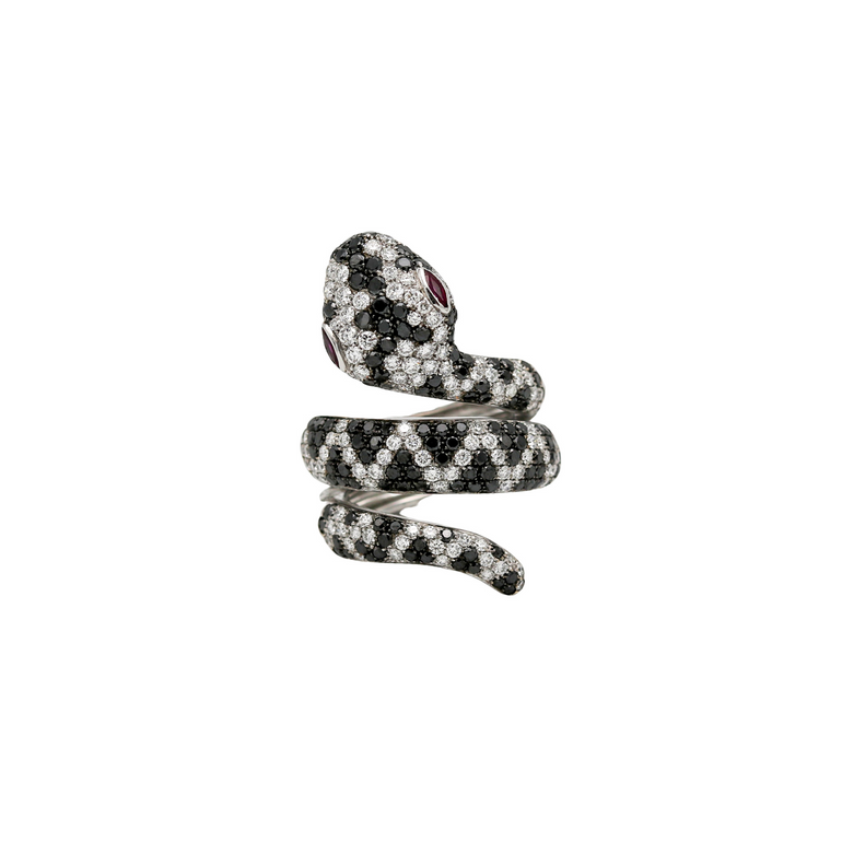 Snake Ring with Rubies and Black and White Diamonds